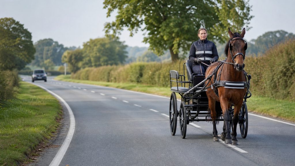 Attelage hippomobile circulant prudemment sur une route de campagne française, avec conductrice équipée d’un gilet réfléchissant et voiture gardant ses distances.
