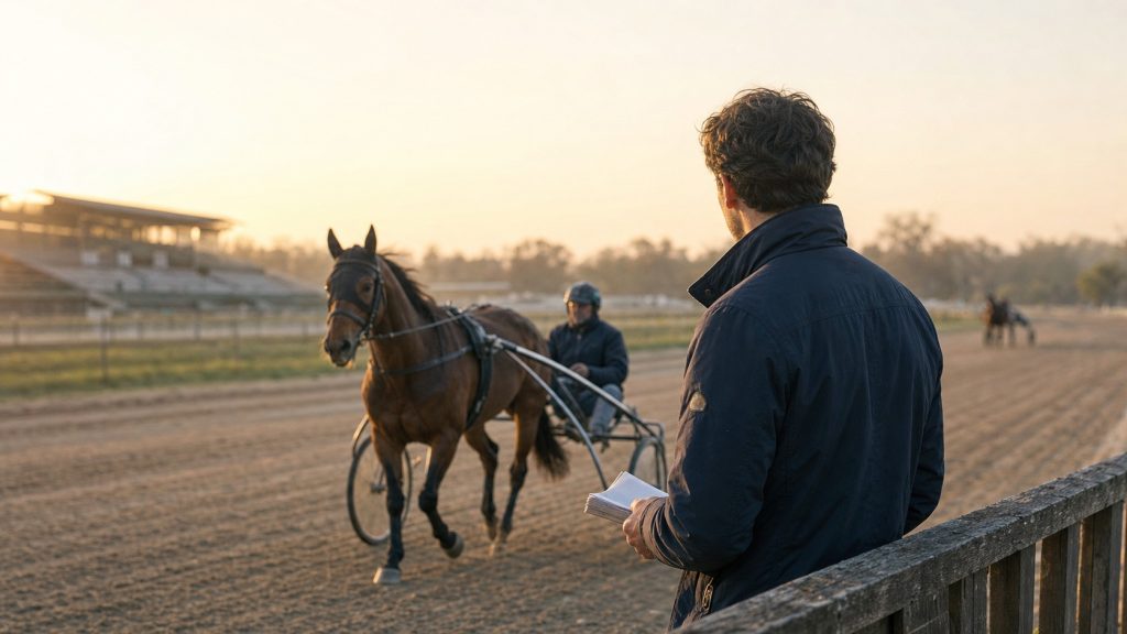 Trotteur attelé et son driver à l’entraînement sur un hippodrome français au lever du soleil, observés depuis la barrière par un débutant