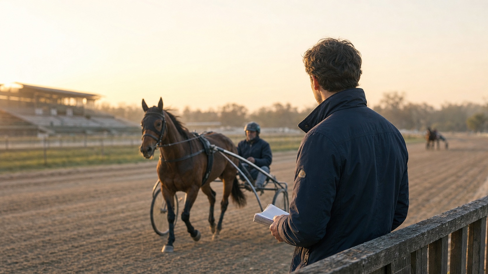 Trotteur attelé et son driver à l’entraînement sur un hippodrome français au lever du soleil, observés depuis la barrière par un débutant