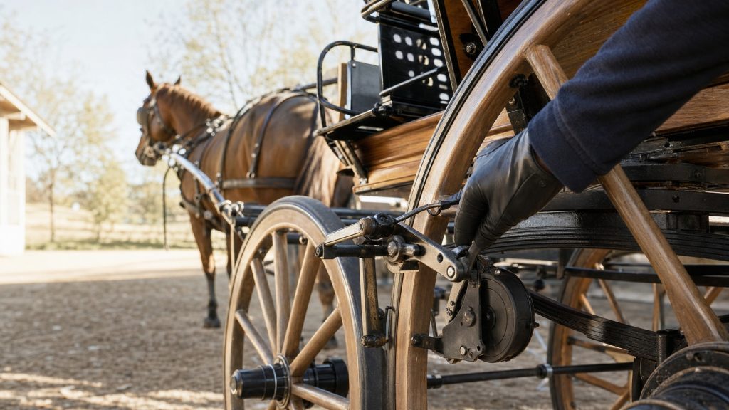 Inspection manuelle du mécanisme de frein d’une calèche attelée, avec tringlerie et roue visibles.