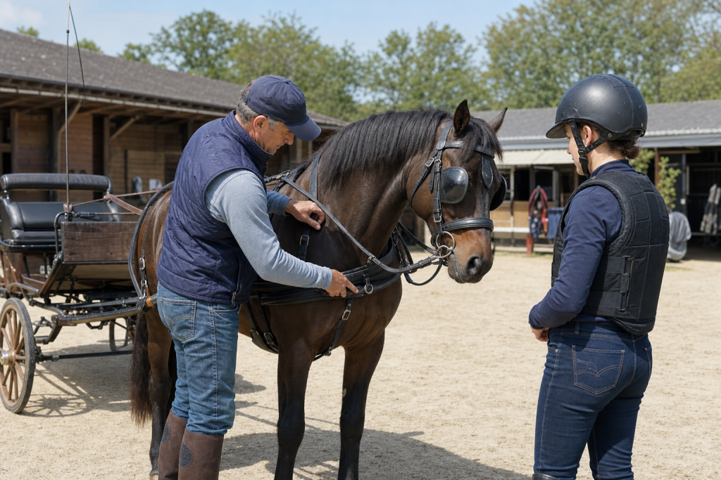 Un moniteur explique le harnais d’un cheval attelé à un stagiaire dans un centre équestre.