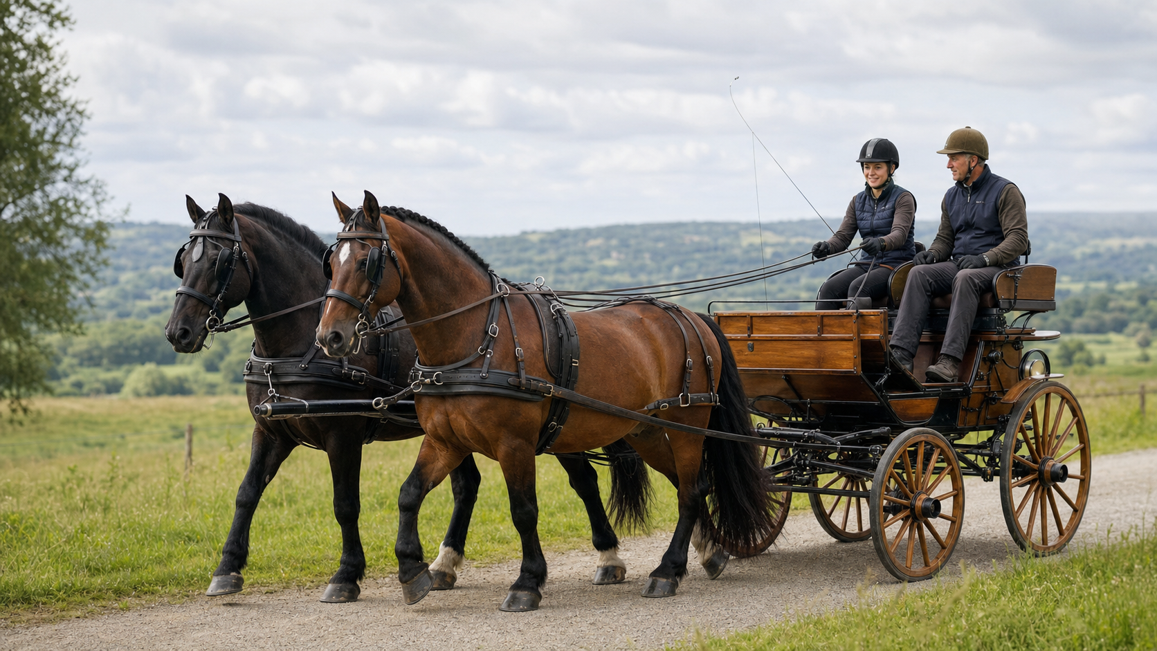Stage d’attelage pendant les vacances dans un centre équestre français, avec un stagiaire guidé par un moniteur conduisant une voiture hippomobile tirée par deux chevaux sur un chemin de campagne