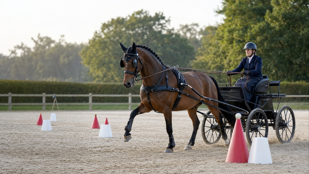 Cheval attelé à une voiture d’entraînement franchissant un parcours de cônes dans une carrière équestre.