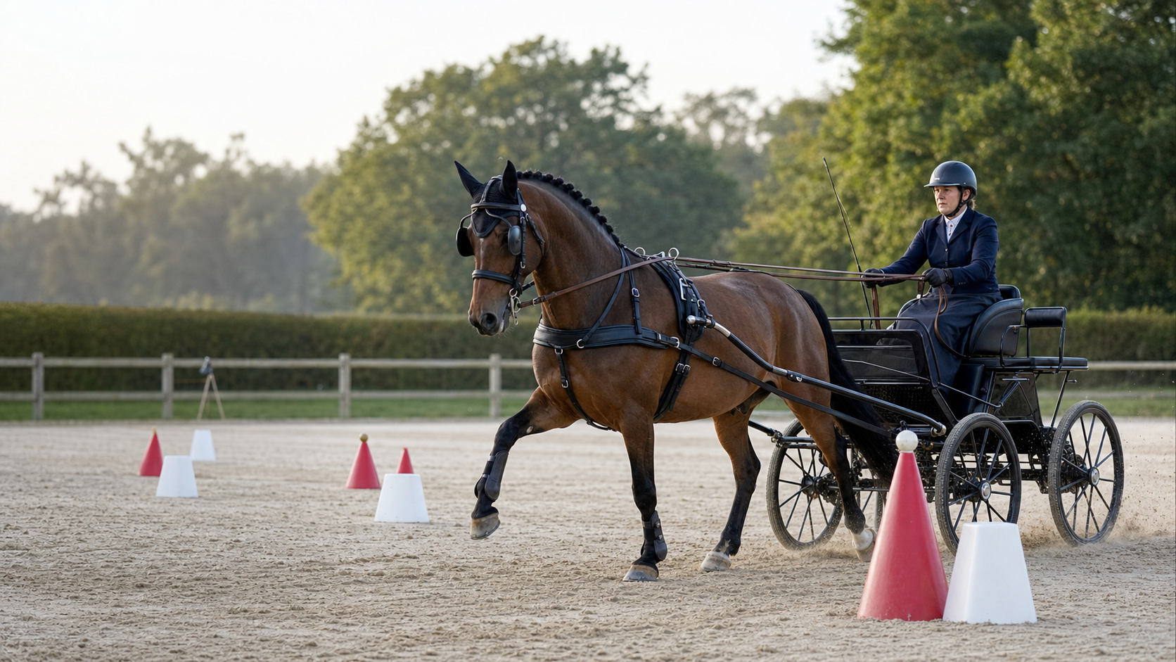 Cheval attelé à une voiture d’entraînement franchissant un parcours de cônes dans une carrière équestre.