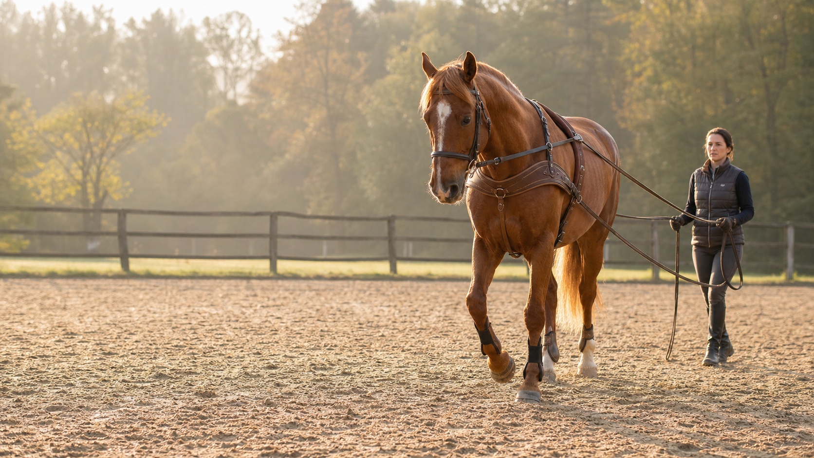 Cheval alezan travaillé aux longues rênes par une meneuse dans une carrière extérieure, exercice de préparation à la mise à la voiture.