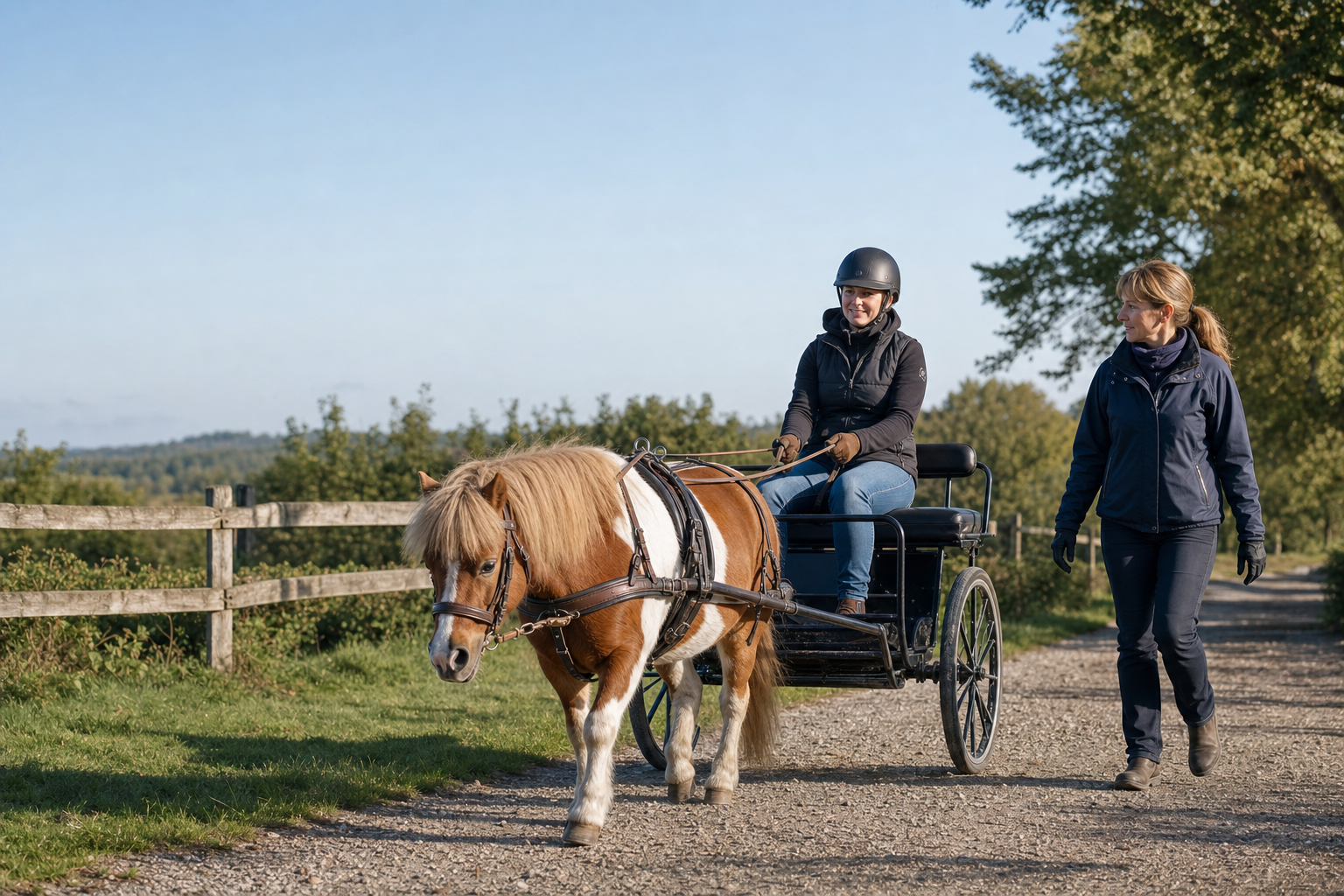 Poney Shetland attelé à une petite voiture d’entraînement sur un chemin rural, conduit par un débutant accompagné d’un moniteur.