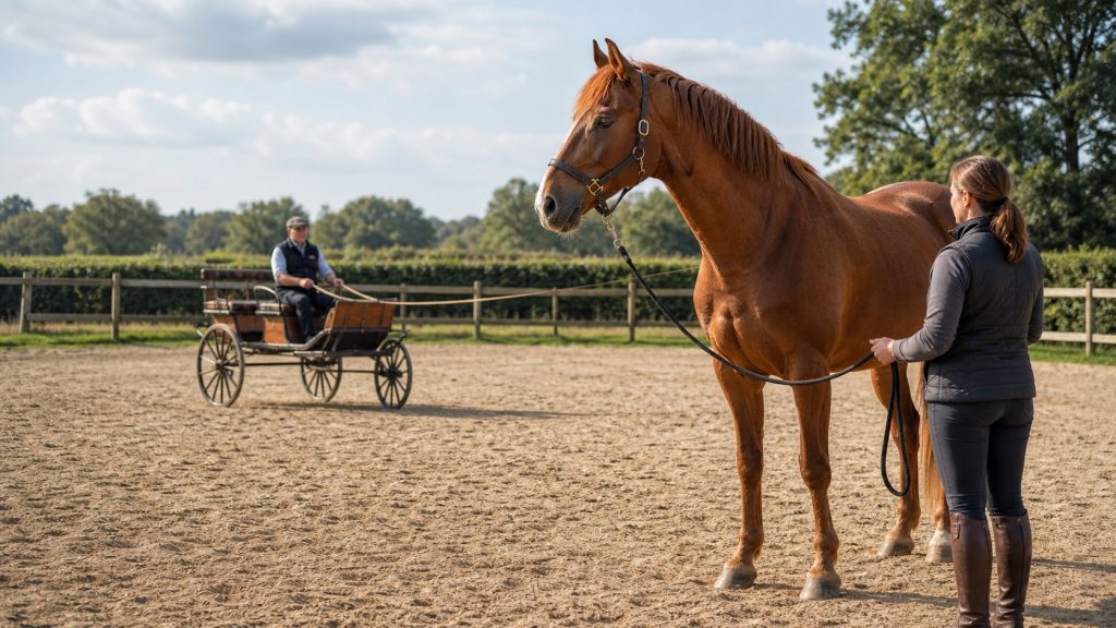 Cheval calme dans une carrière, accompagné par un meneur, s’habituant progressivement à la présence d’une voiture d’attelage.