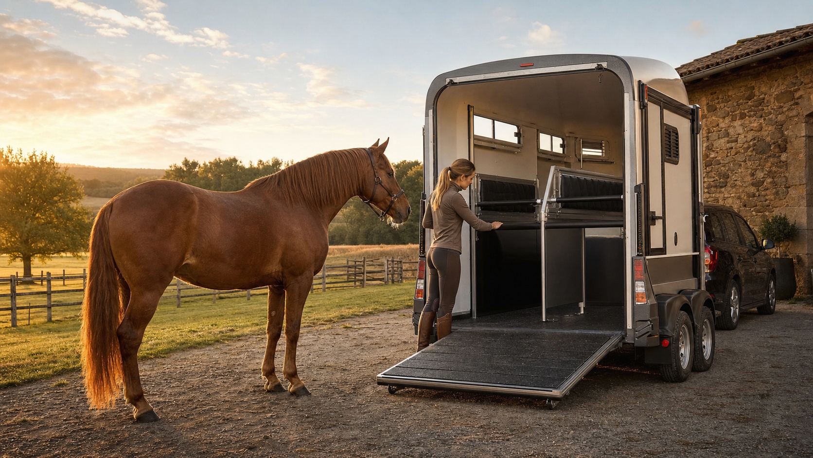 Cheval alezan devant un van pour cheval ouvert, avec une cavalière vérifiant l’aménagement intérieur dans une écurie rurale.