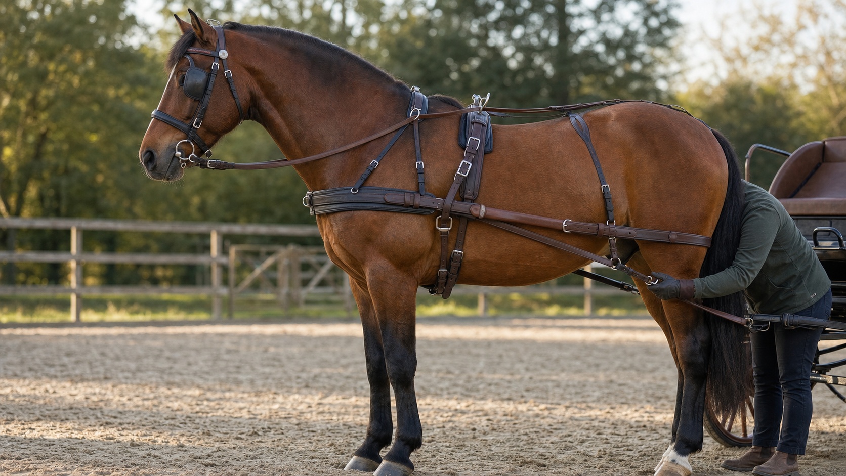 Cheval bai attelé de profil dans une carrière, avec traits et reculement du harnais visibles pendant une vérification de réglage.