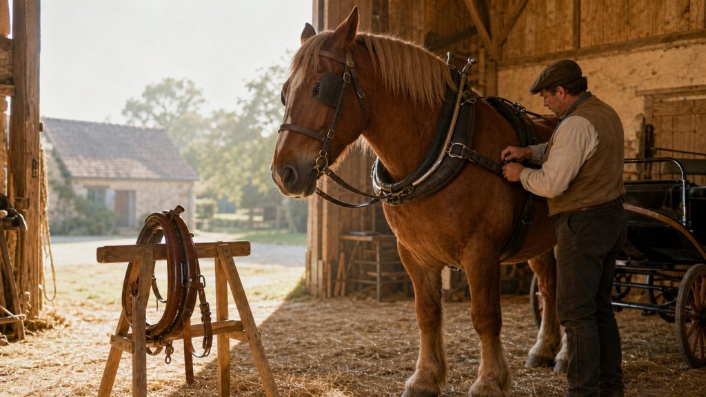Cheval de trait attelé dans une écurie, équipé d’un collier d’épaule tandis qu’une bricole en cuir est présentée à proximité.