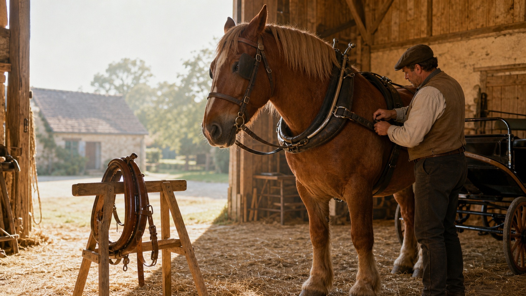 Cheval de trait attelé dans une écurie, équipé d’un collier d’épaule tandis qu’une bricole en cuir est présentée à proximité.