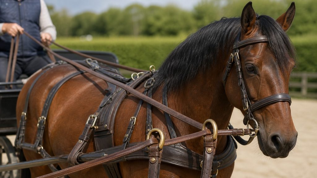 Cheval d’attelage bai équipé d’un harnais en cuir, avec guides passant dans des porte-guides en laiton sur une piste extérieure.