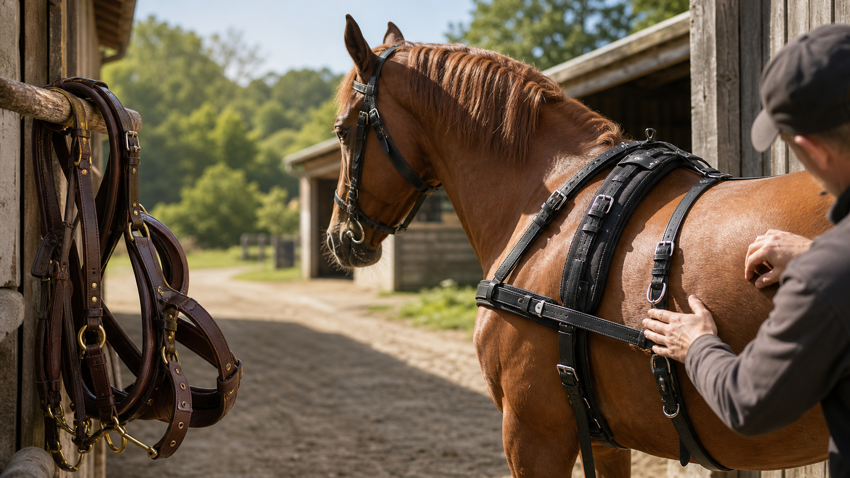 Cheval alezan équipé d’un harnais synthétique noir, avec un harnais en cuir brun entretenu suspendu dans une écurie française lumineuse.
