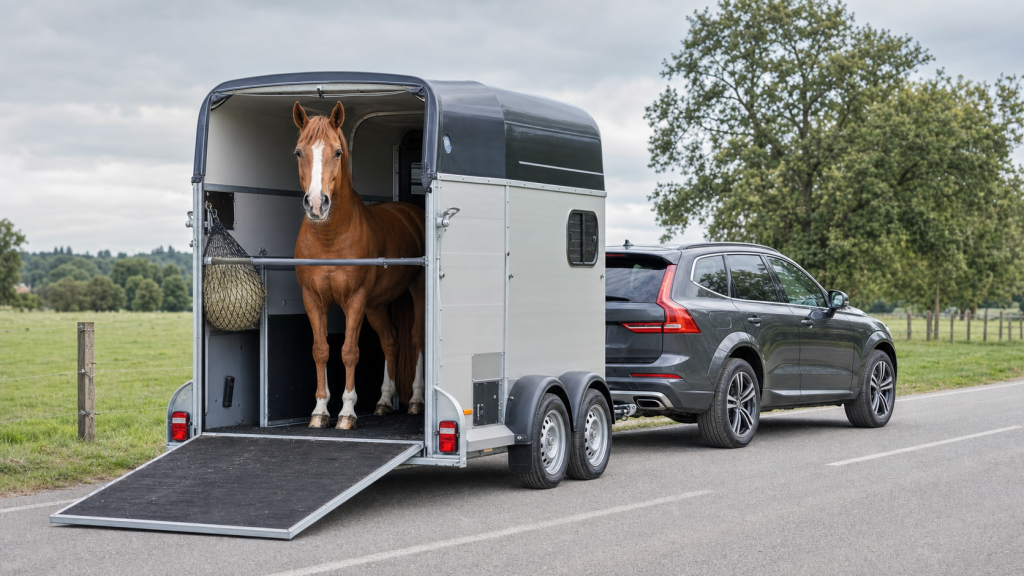 Cheval alezan dans un van attelé à un SUV sur une route rurale, illustrant le transport équestre et les règles de permis remorque.