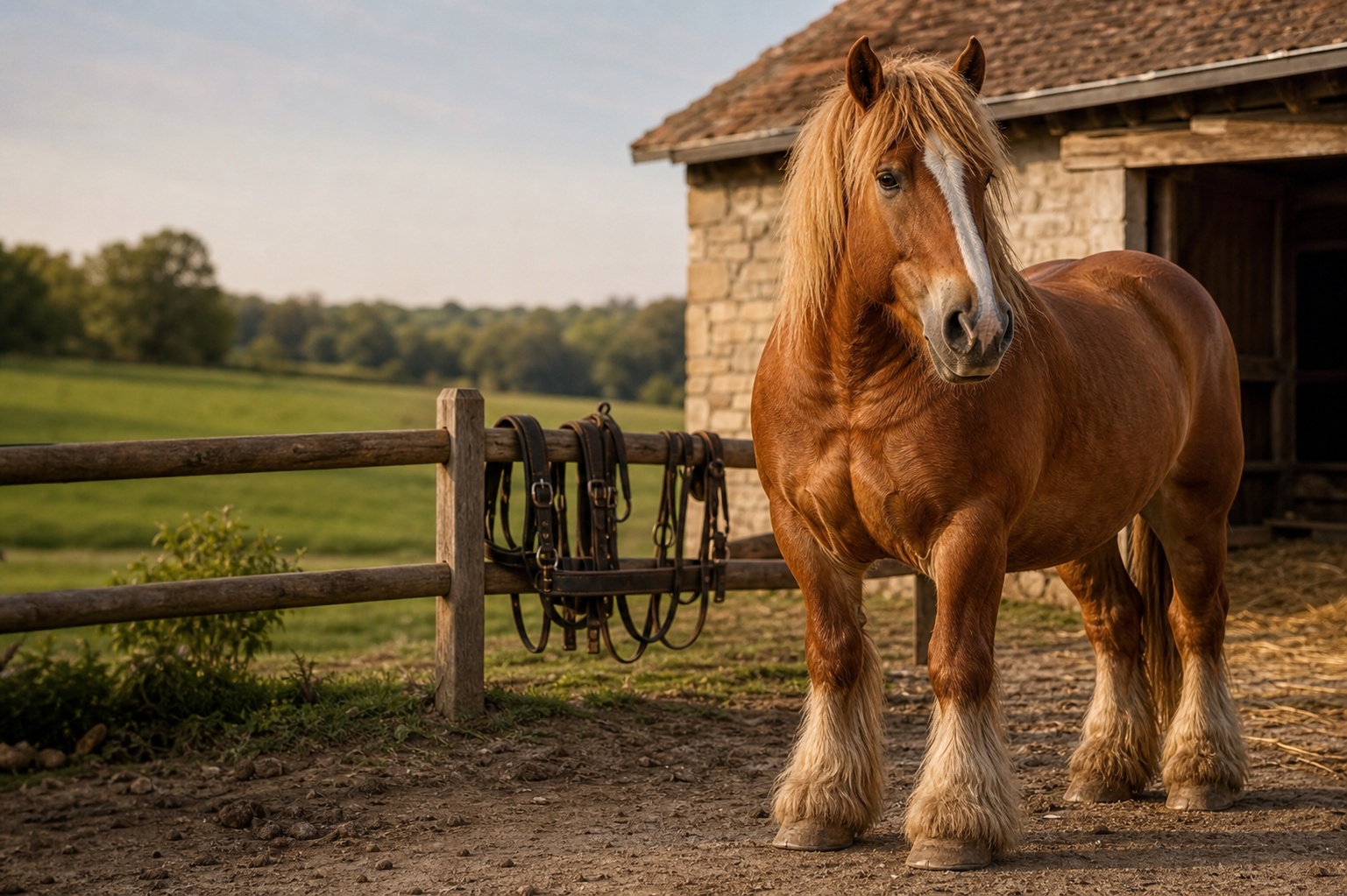 Cheval de trait comtois dans une cour d’écurie rurale française, avec harnais d’attelage sur une barrière et prairie en arrière-plan